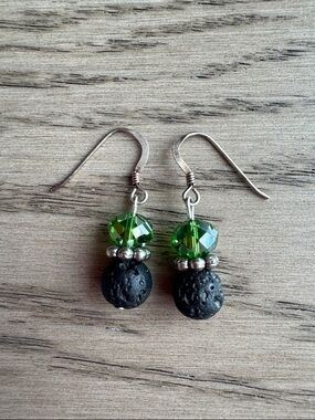 Aromatherapy Sparkly Green and Black Lava Bead Drop Earrings